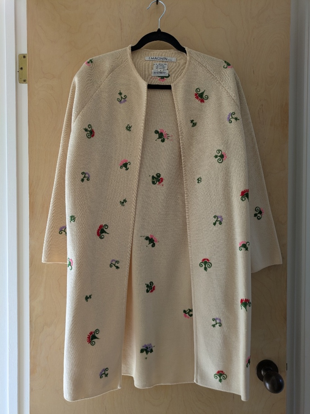 I Magnin Wool Open Cardigan with Floral Embroidery